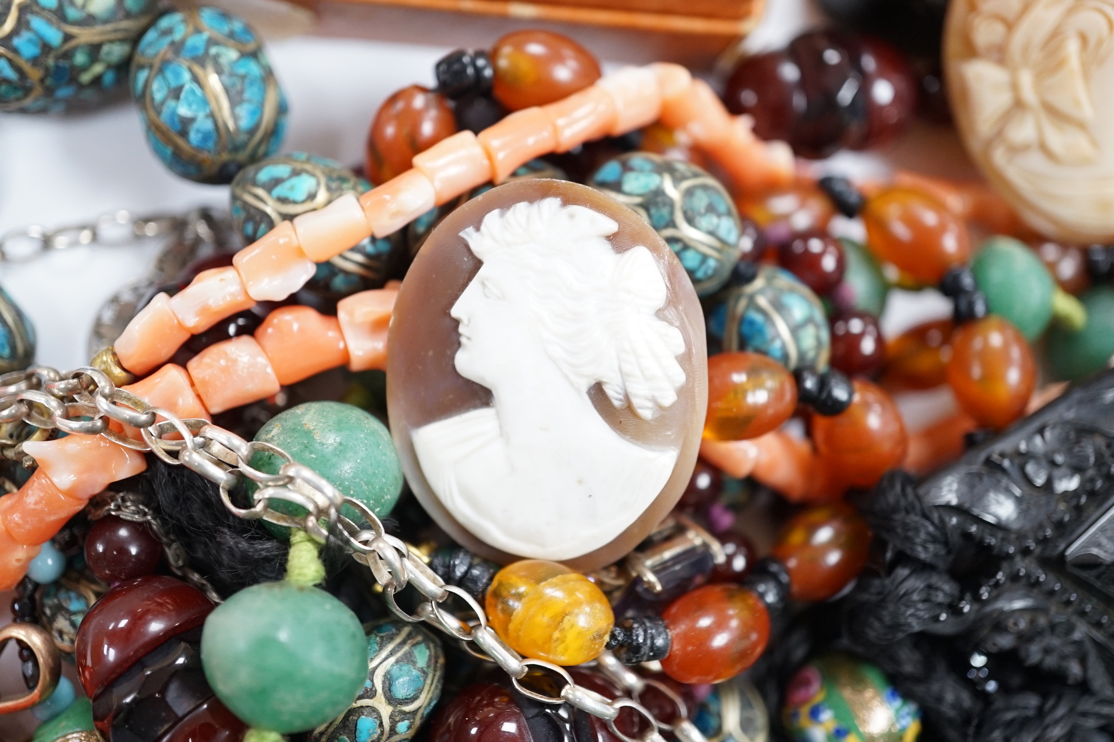 A group of assorted antique and later jewellery, including costume, paste set bracelet, gold plated albert, cameo shell brooch, micro mosaic brooch, silver and enamelled butterfly brooch, etc.